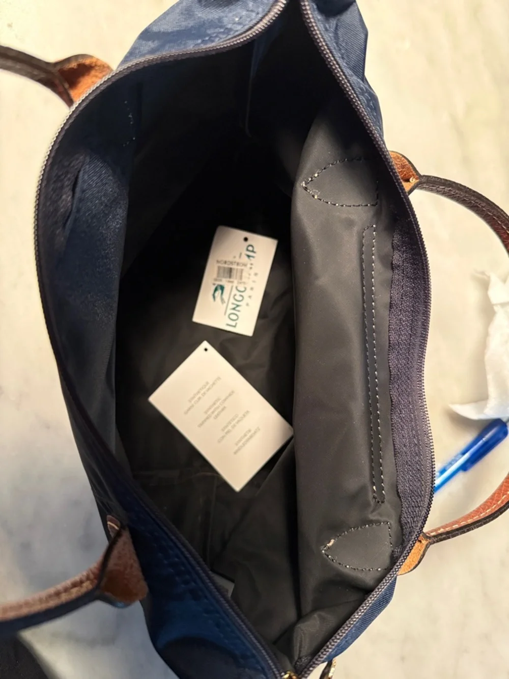 Longchamp Navy Tote with Brown Leather Trim and Gold Accent - Picture 5 of 5